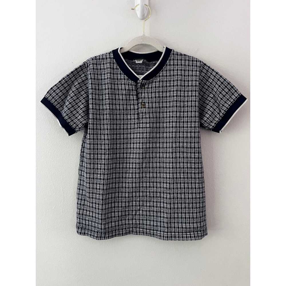 Lands' End Vintage Kids Henley Short sleeve Top Plaid Cotton Blue size medium